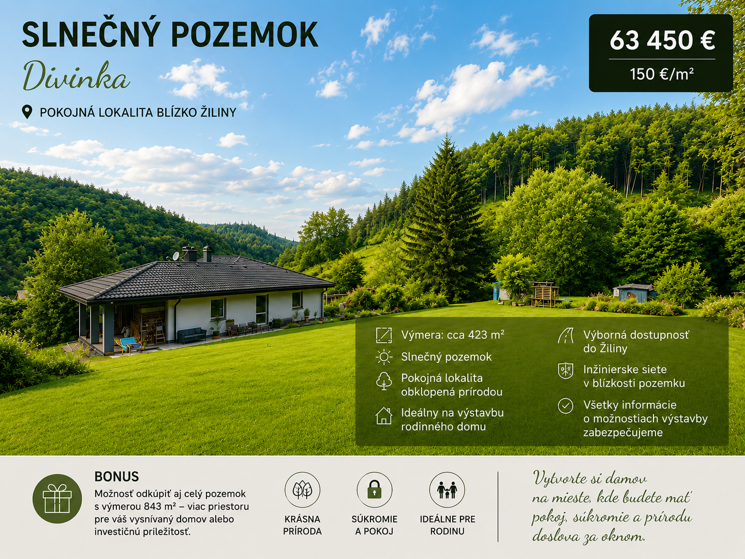 EXKLUZÍVNE: Stavebný pozemok 423 m2 v Divinke – nádherné výhľady, cena 63 450 €